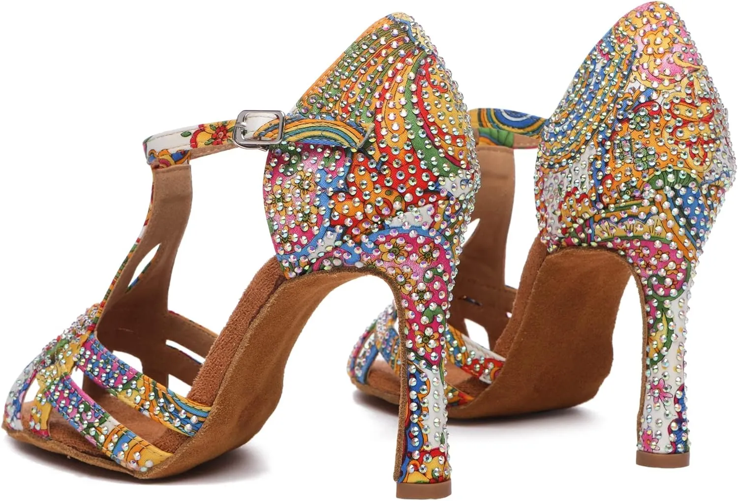 Womens Low High Heel Dance Shoes with Rhinestones Comfortable Wedding Evening Sandals