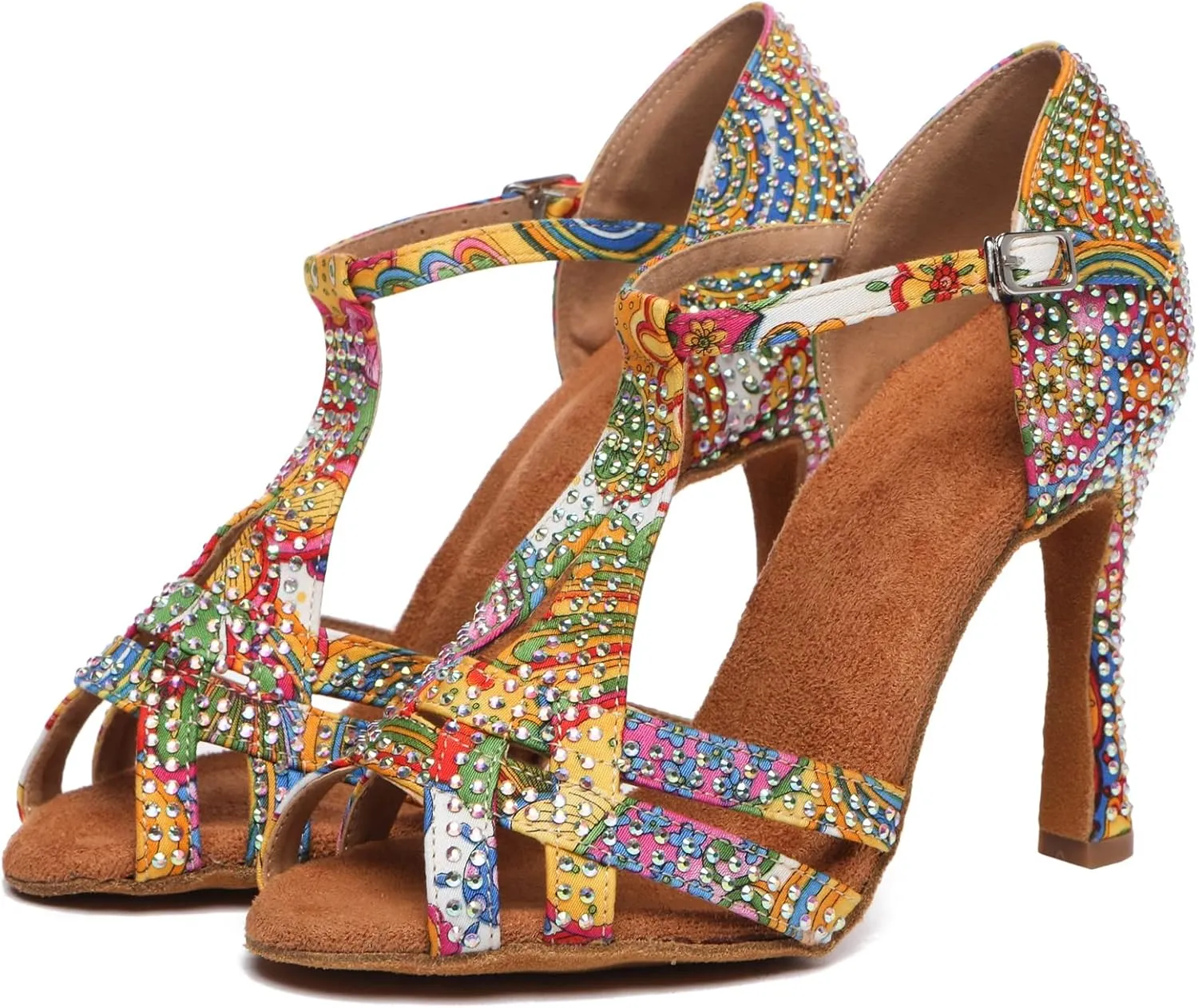 Womens Low High Heel Dance Shoes with Rhinestones Comfortable Wedding Evening Sandals
