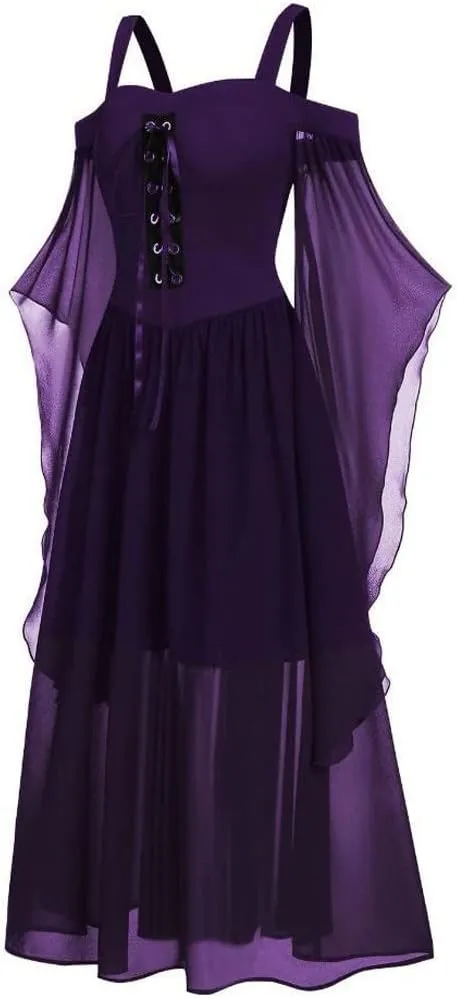 Womne Bellatrix Gothic Dress Lace Off Shoulder Sexy Renaissance Steampunk Butterfly Sleeve Irregular Corset Dress