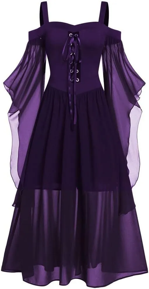 Womne Bellatrix Gothic Dress Lace Off Shoulder Sexy Renaissance Steampunk Butterfly Sleeve Irregular Corset Dress