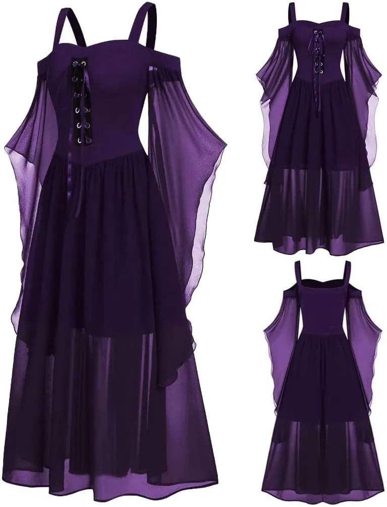 Womne Bellatrix Gothic Dress Lace Off Shoulder Sexy Renaissance Steampunk Butterfly Sleeve Irregular Corset Dress