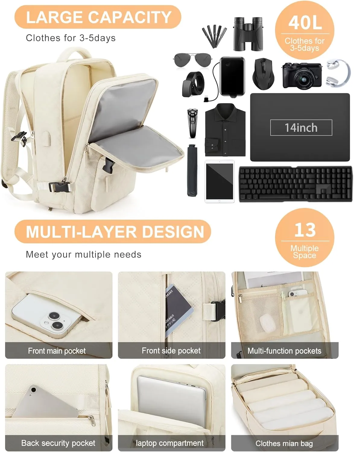 WONHOX Large Travel Backpack Carry on Flight Approved Laptop Work Business Backpack for Women Men Mochila de Viaje