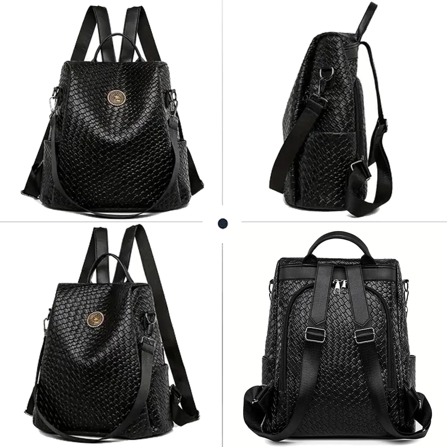 Woven Leather Backpack Purse for Women Waterproof Anti-theft Multipurpose Design Convertible Satchel Handbags (White)