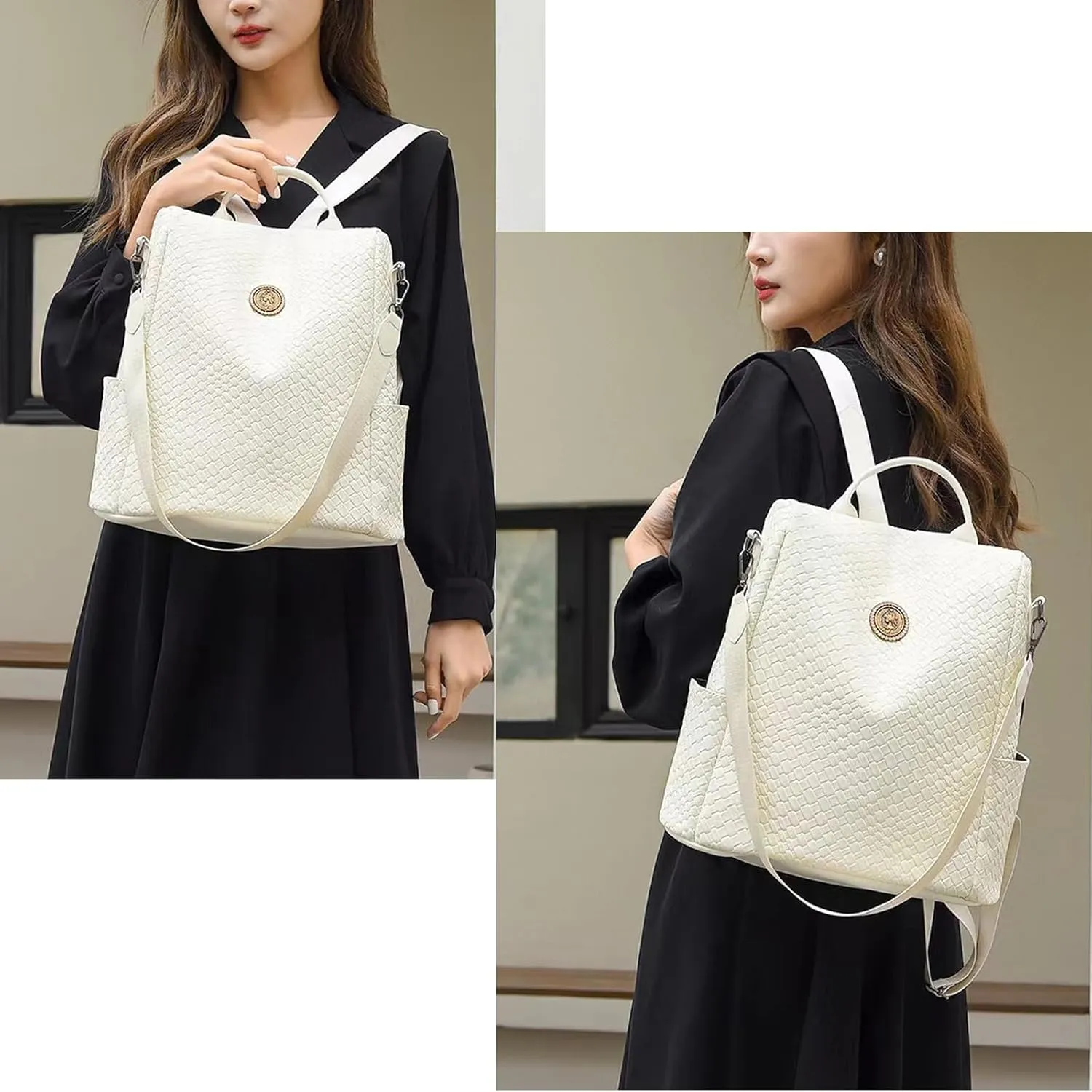 Woven Leather Backpack Purse for Women Waterproof Anti-theft Multipurpose Design Convertible Satchel Handbags (White)
