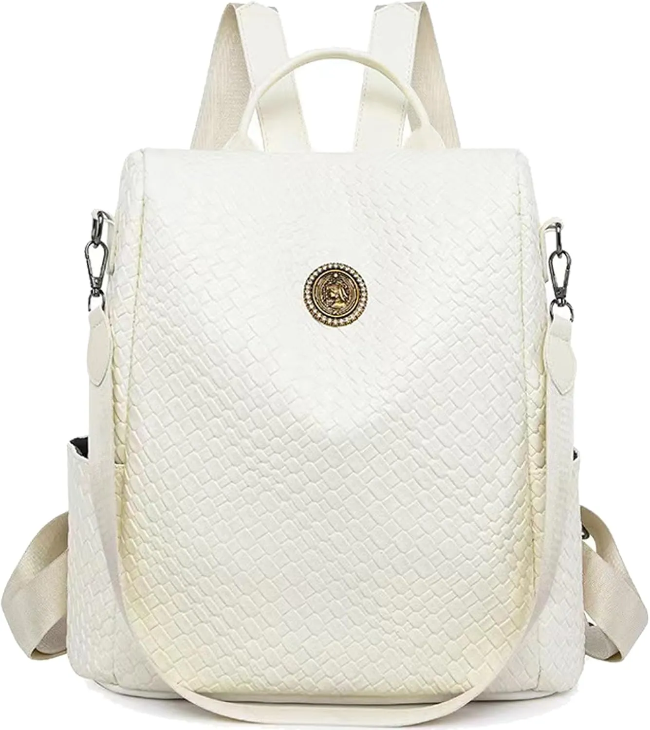 Woven Leather Backpack Purse for Women Waterproof Anti-theft Multipurpose Design Convertible Satchel Handbags (White)