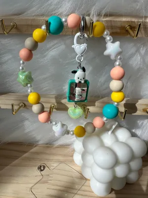 Wristlet with Keychain-Cutesy White Doggie Teal Yellow