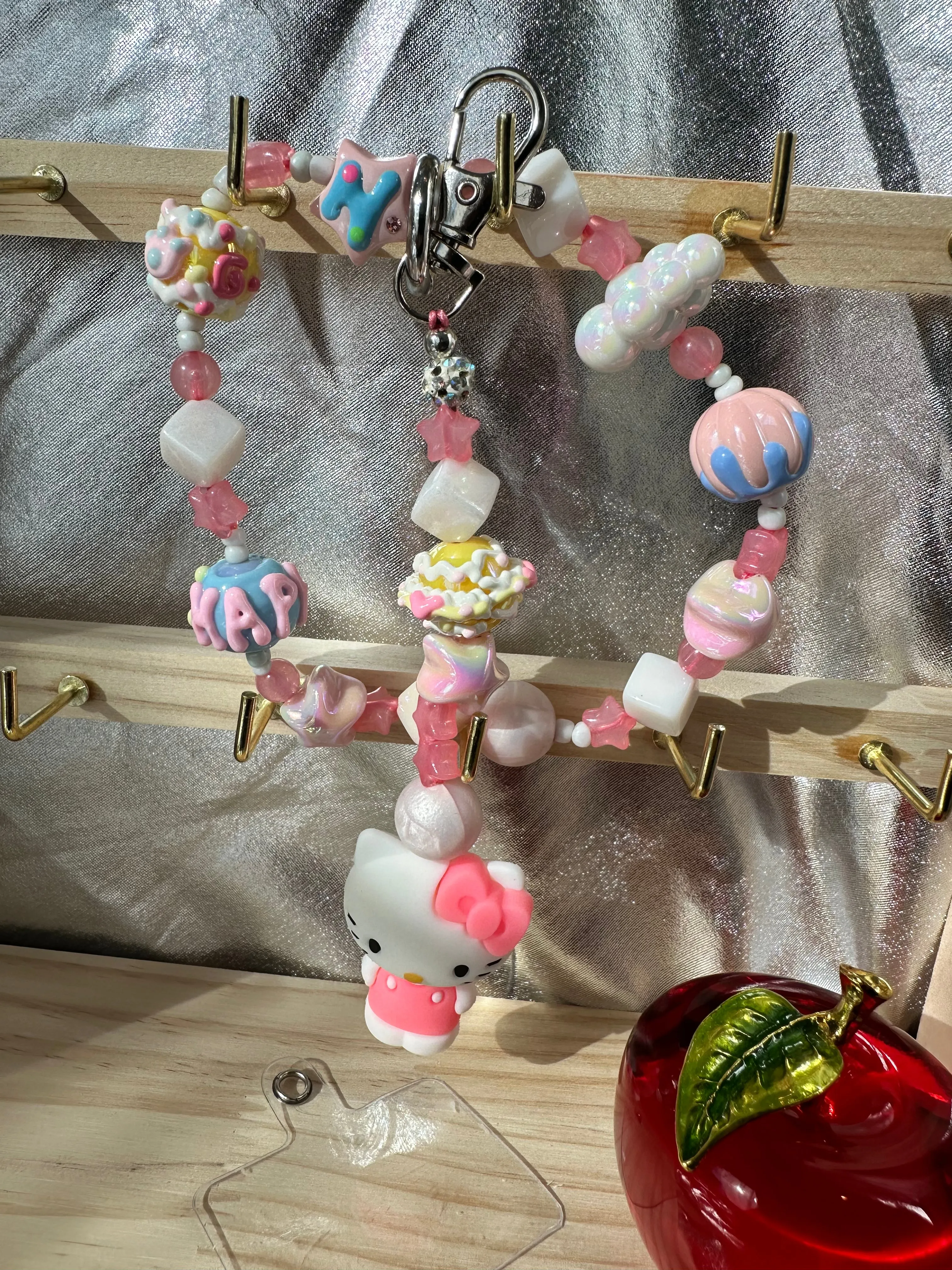 Wristlet with Keychain-Cutesy White Kitty Bday Cake