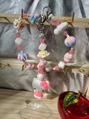 Wristlet with Keychain-Cutesy White Kitty Bday Cake