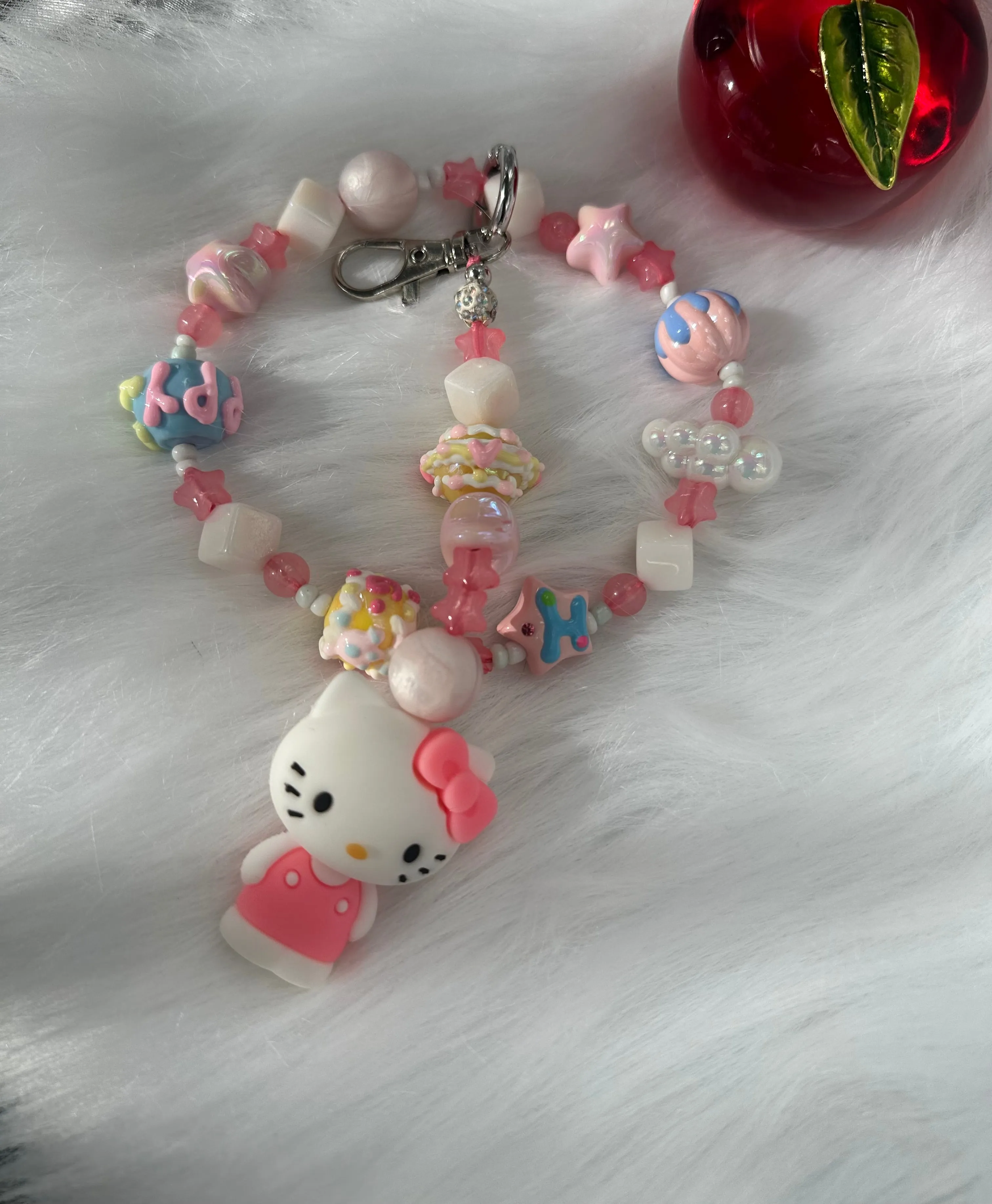 Wristlet with Keychain-Cutesy White Kitty Bday Cake