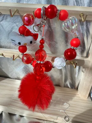 Wristlet with Keychain-Cutesy White Kitty Red Pom Pom