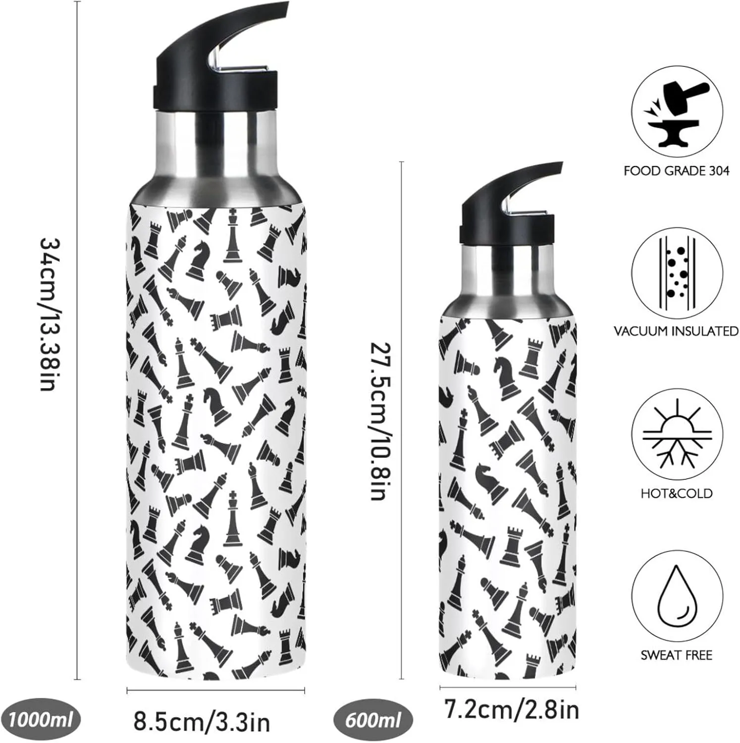 Wusikd Chess Pieces Water Bottle with Straw Lid Double Wall Thermos Bottle Vacuum Insulated Flask Stainless Steel Water Bottle for Gym Outdoor 20 OZ