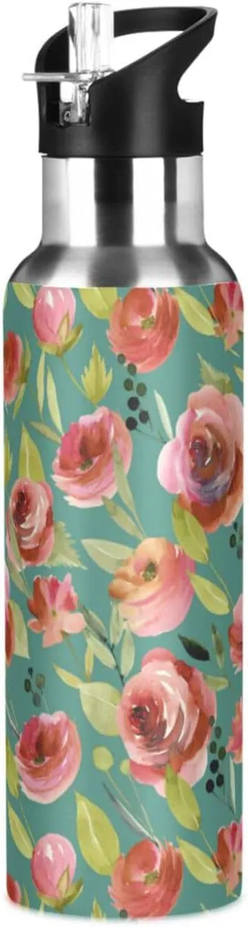 Wusikd Watercolor Burgundy Water Bottle with Straw Lid Double Wall Roses Thermos Bottle Vacuum Insulated Flask Stainless Steel Water Bottle for Gym Outdoor 20 OZ