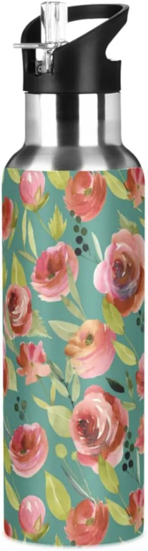 Wusikd Watercolor Burgundy Water Bottle with Straw Lid Double Wall Roses Thermos Bottle Vacuum Insulated Flask Stainless Steel Water Bottle for Gym Outdoor 20 OZ