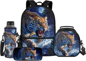 Xhuibop Cheetah Backpack for Boys 4-in-1 Set Back to School Bookbags with Lunch Box, Pencil Case, Water Bottle Sleeve - Kindergarten to Elementary School Kids Back Pack