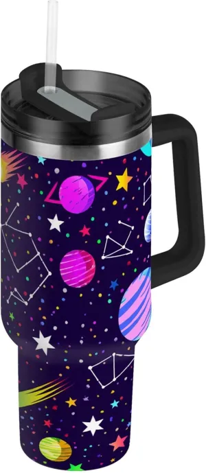 xigua 30 oz Colorful Planets Tumbler with Handle and Straw Lid, Stainless Steel Vacuum Insulated Sports Water Bottle, Keeps Cold or Hot Coffee Cup Travel Mug