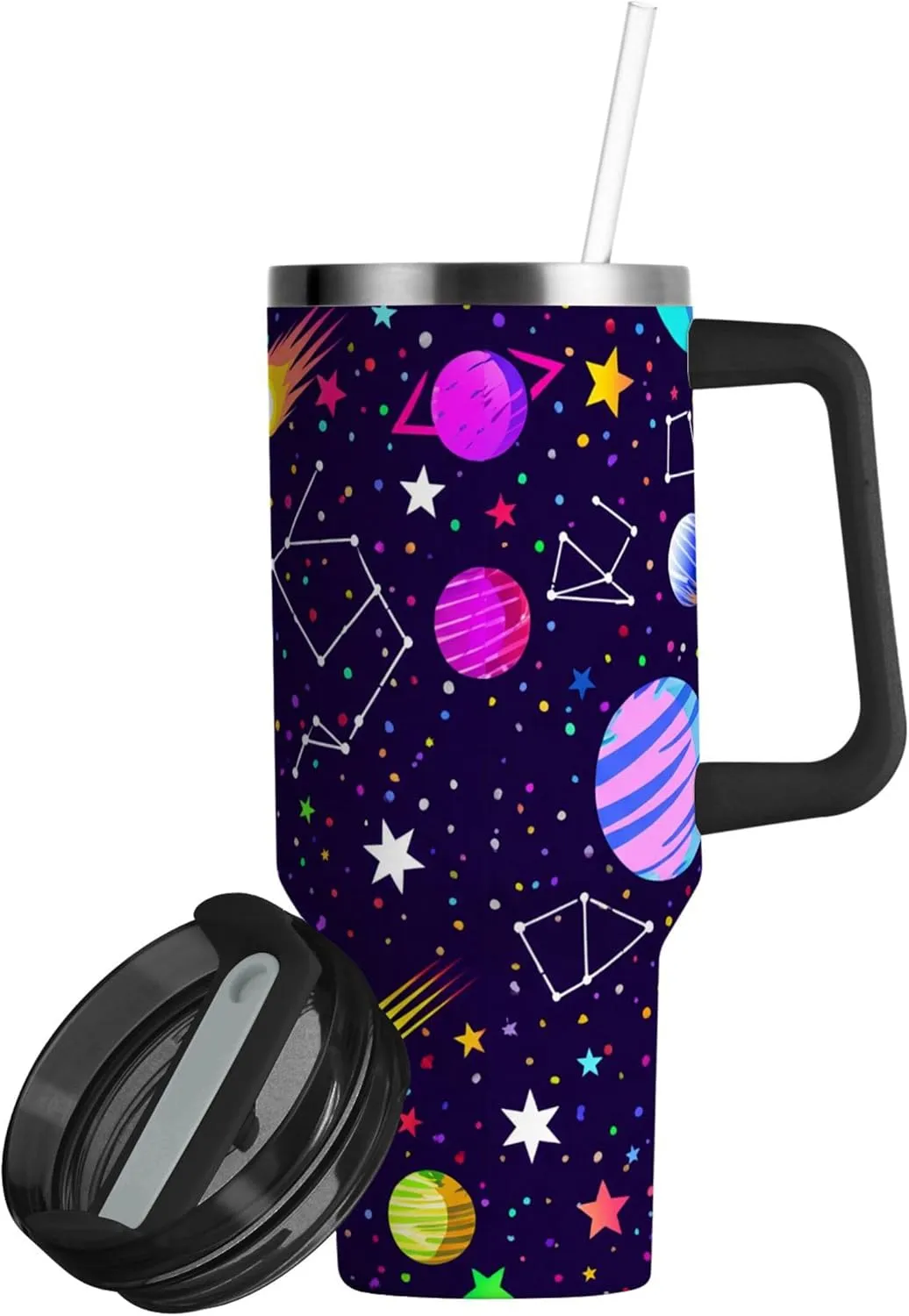 xigua 30 oz Colorful Planets Tumbler with Handle and Straw Lid, Stainless Steel Vacuum Insulated Sports Water Bottle, Keeps Cold or Hot Coffee Cup Travel Mug