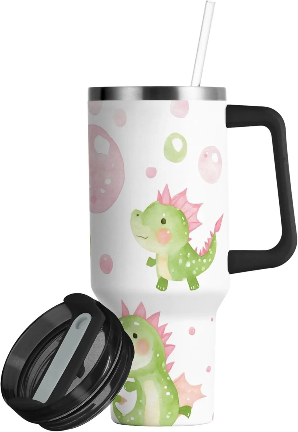 xigua 30 oz Cute Bubbles and Dragons Tumbler with Handle and Straw Lid, Stainless Steel Vacuum Insulated Sports Water Bottle, Keeps Cold or Hot Coffee Cup Travel Mug