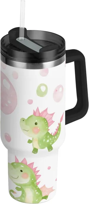 xigua 30 oz Cute Bubbles and Dragons Tumbler with Handle and Straw Lid, Stainless Steel Vacuum Insulated Sports Water Bottle, Keeps Cold or Hot Coffee Cup Travel Mug