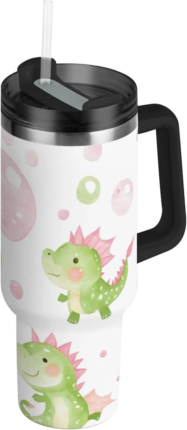 xigua 30 oz Cute Bubbles and Dragons Tumbler with Handle and Straw Lid, Stainless Steel Vacuum Insulated Sports Water Bottle, Keeps Cold or Hot Coffee Cup Travel Mug