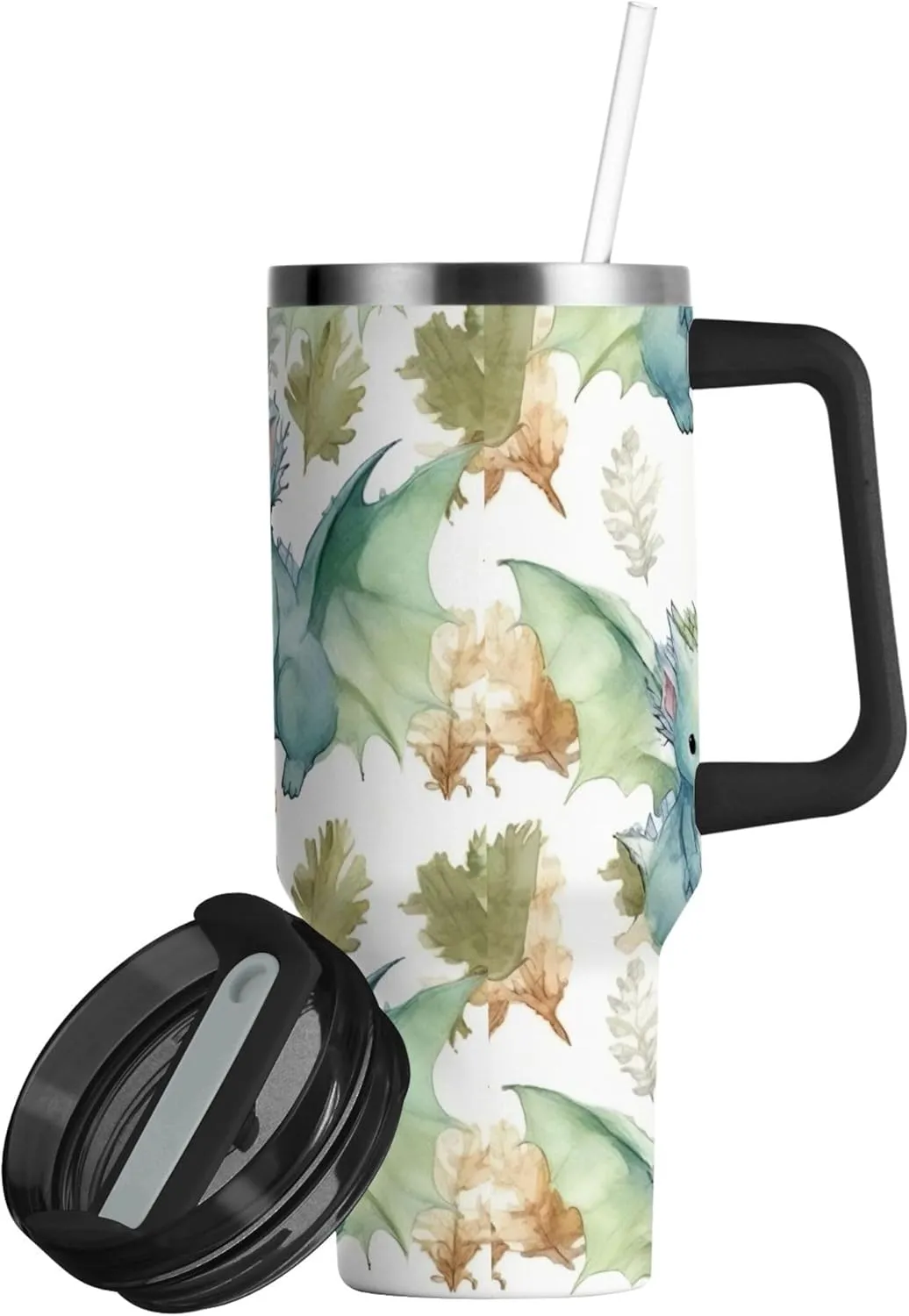 xigua 30 oz Cute Dragon Tumbler with Handle and Straw Lid, Stainless Steel Vacuum Insulated Sports Water Bottle, Keeps Cold or Hot Coffee Cup Travel Mug