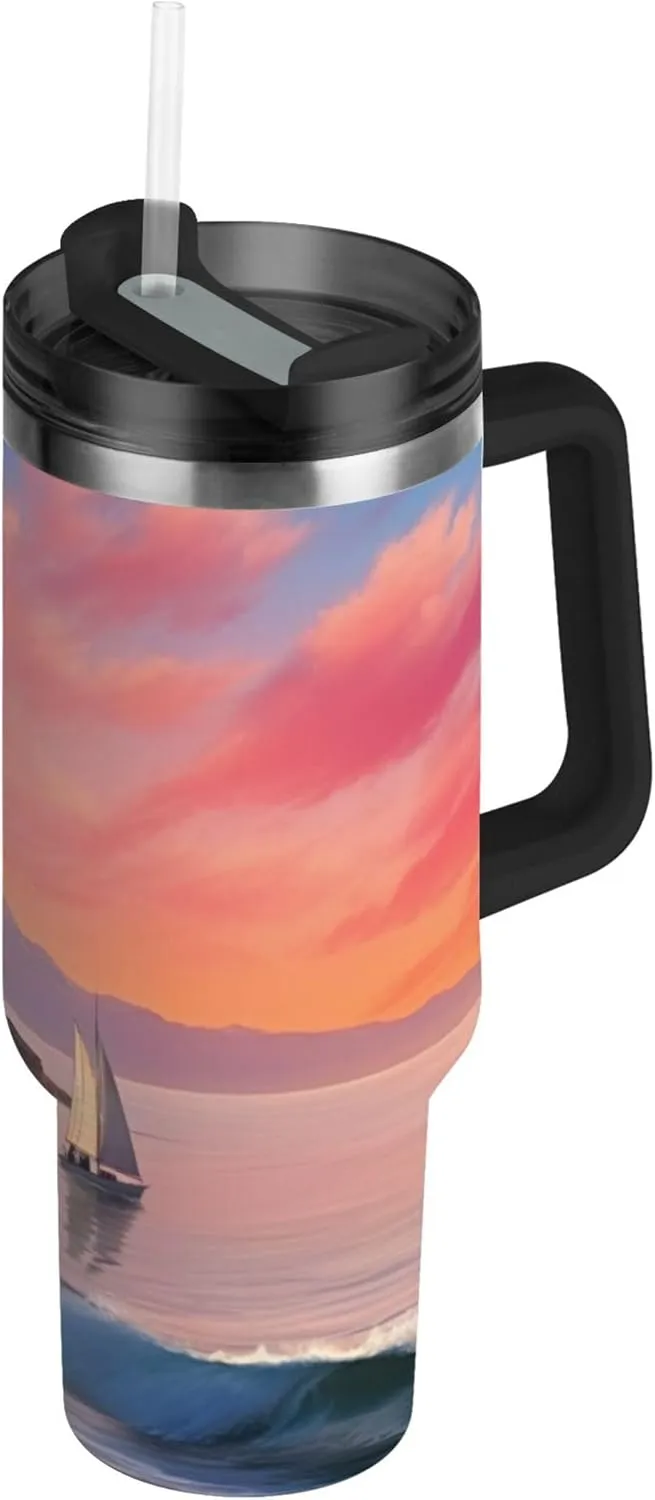 xigua 30 oz Lighthouse Tumbler with Handle and Straw Lid, Stainless Steel Vacuum Insulated Sports Water Bottle, Keeps Cold or Hot Coffee Cup Travel Mug