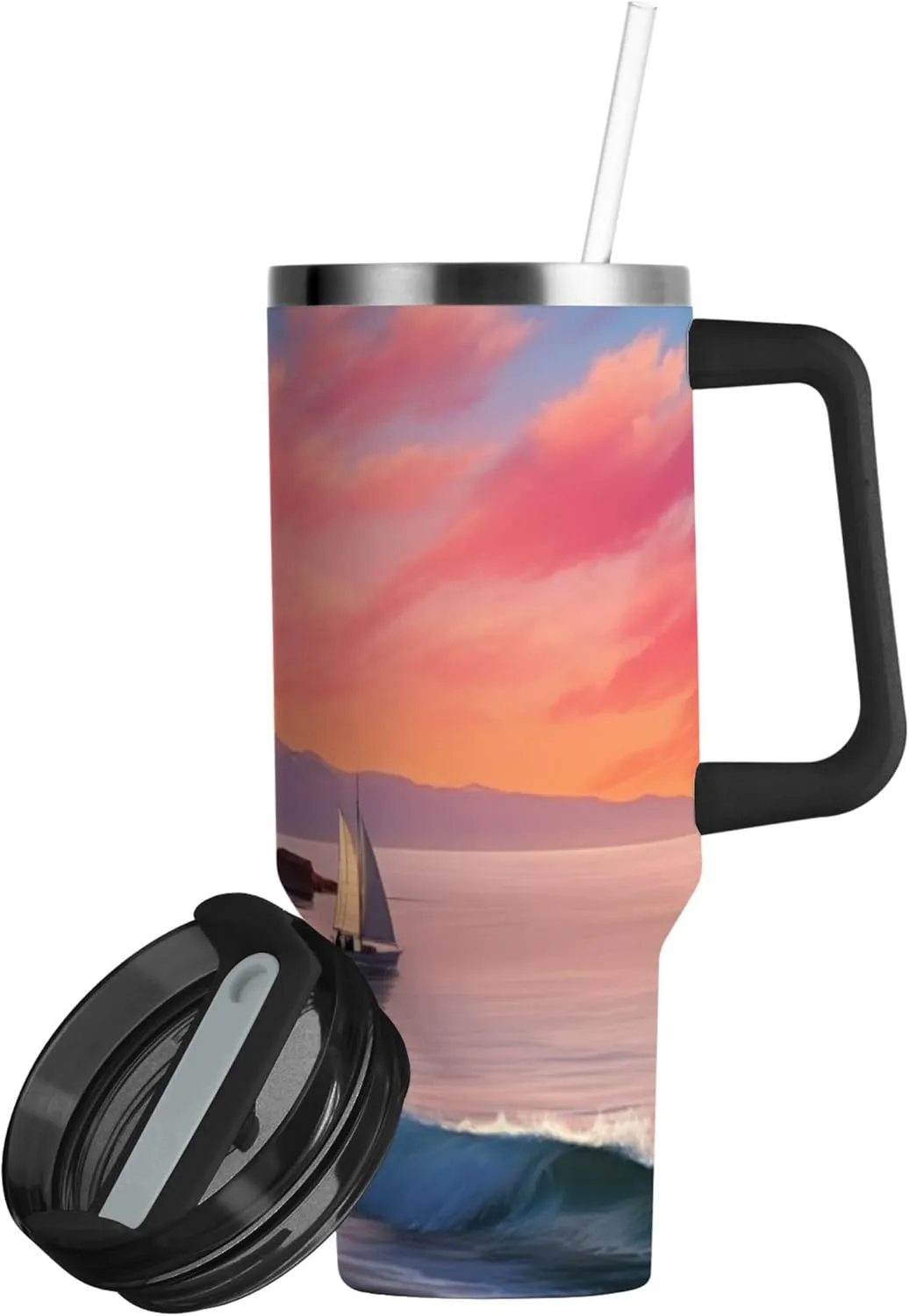 xigua 30 oz Lighthouse Tumbler with Handle and Straw Lid, Stainless Steel Vacuum Insulated Sports Water Bottle, Keeps Cold or Hot Coffee Cup Travel Mug
