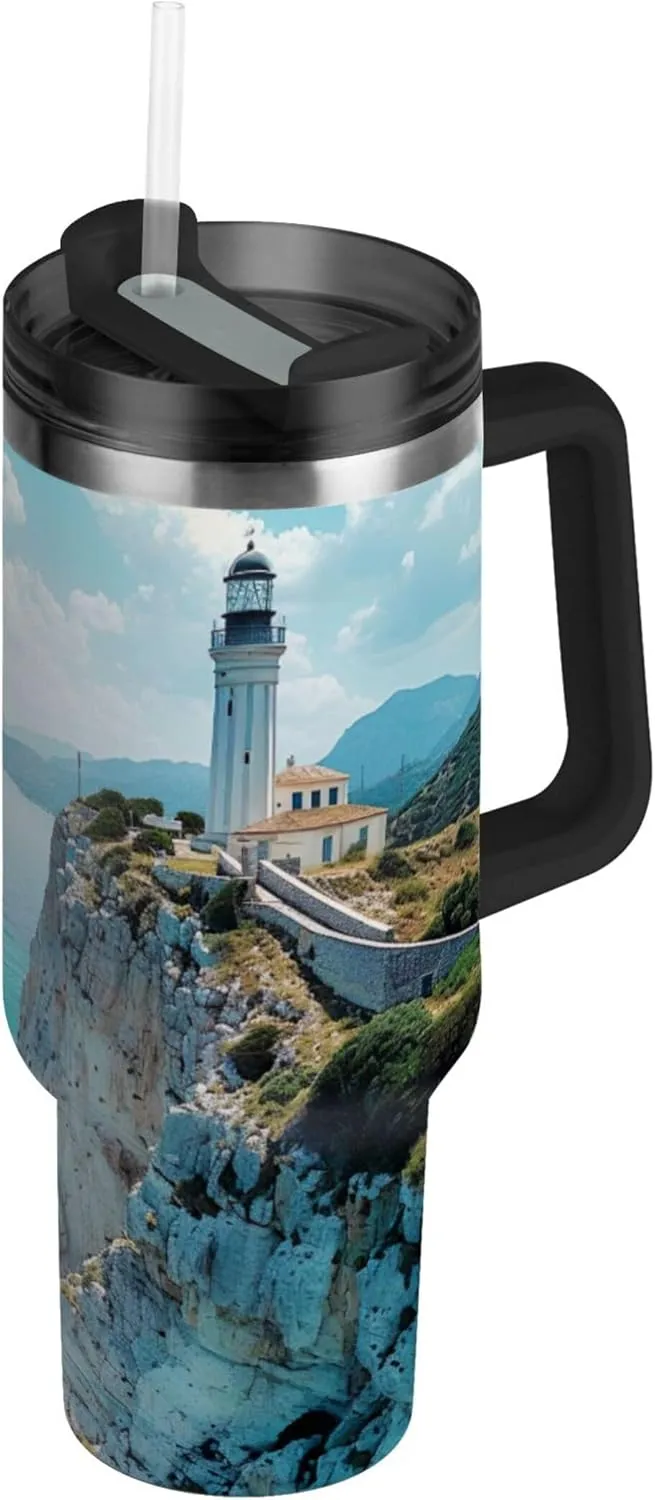 xigua 30 oz Lighthouse Tumbler with Handle and Straw Lid, Stainless Steel Vacuum Insulated Sports Water Bottle, Keeps Cold or Hot Coffee Cup Travel Mug