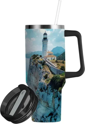 xigua 30 oz Lighthouse Tumbler with Handle and Straw Lid, Stainless Steel Vacuum Insulated Sports Water Bottle, Keeps Cold or Hot Coffee Cup Travel Mug