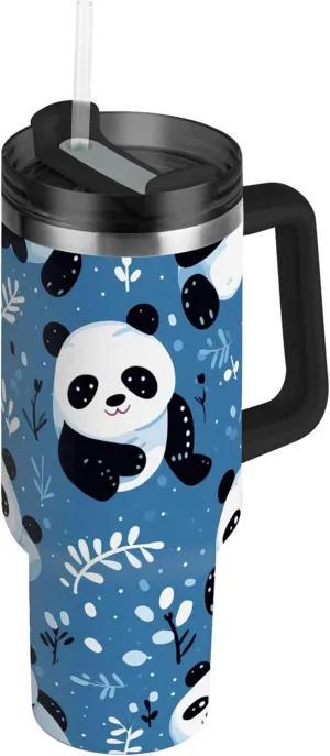 xigua 30 oz Panda Tumbler with Handle and Straw Lid, Stainless Steel Vacuum Insulated Sports Water Bottle, Keeps Cold or Hot Coffee Cup Travel Mug