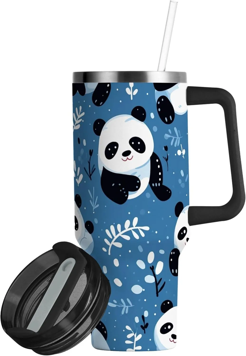 xigua 30 oz Panda Tumbler with Handle and Straw Lid, Stainless Steel Vacuum Insulated Sports Water Bottle, Keeps Cold or Hot Coffee Cup Travel Mug
