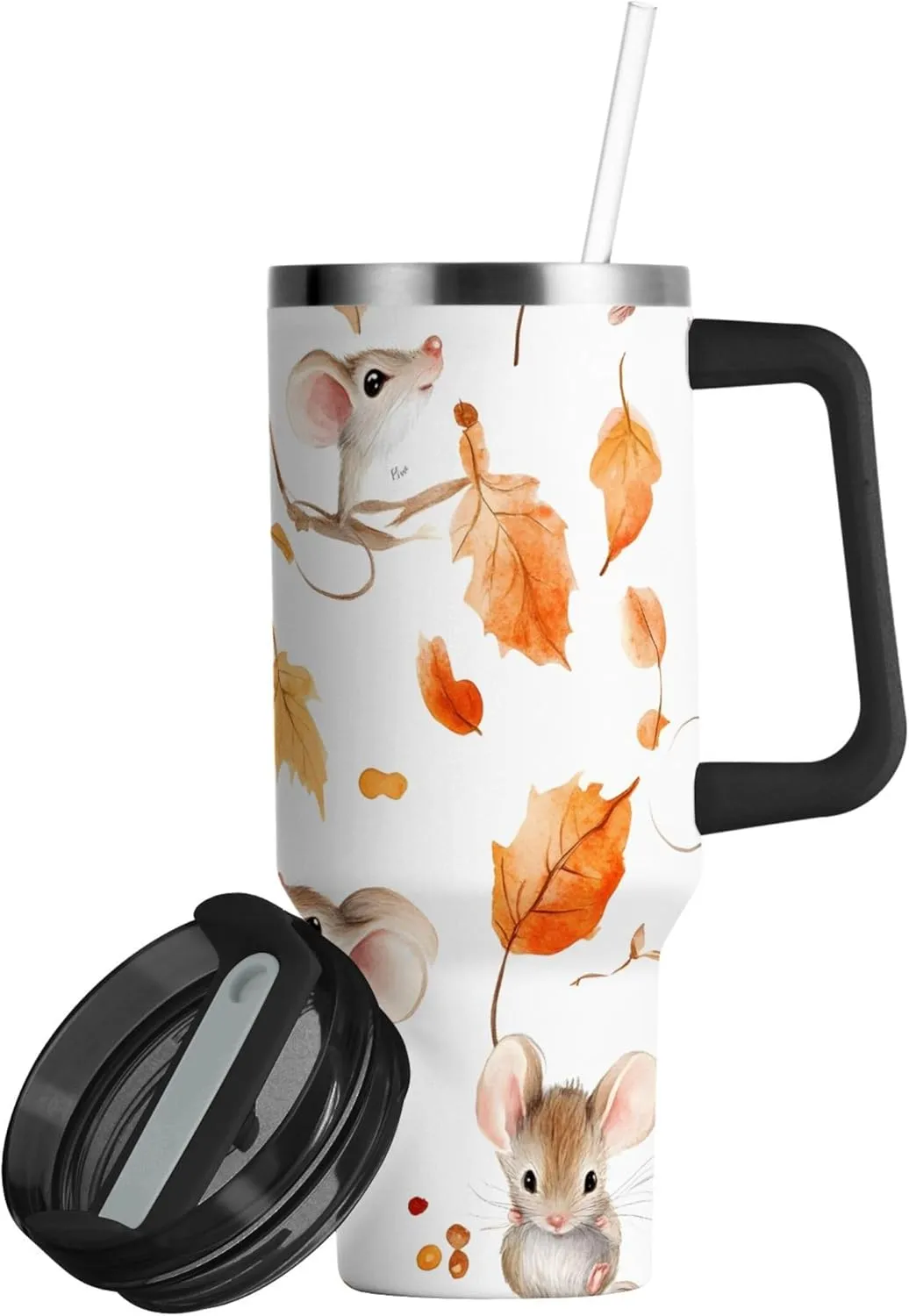 xigua 30 oz Watercolor Mouse Tumbler with Handle and Straw Lid, Stainless Steel Vacuum Insulated Sports Water Bottle, Keeps Cold or Hot Coffee Cup Travel Mug