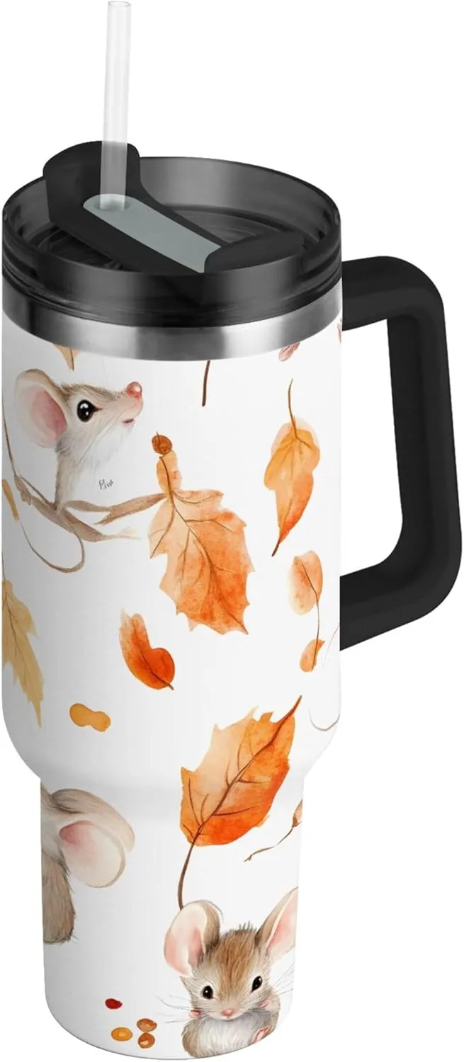 xigua 30 oz Watercolor Mouse Tumbler with Handle and Straw Lid, Stainless Steel Vacuum Insulated Sports Water Bottle, Keeps Cold or Hot Coffee Cup Travel Mug
