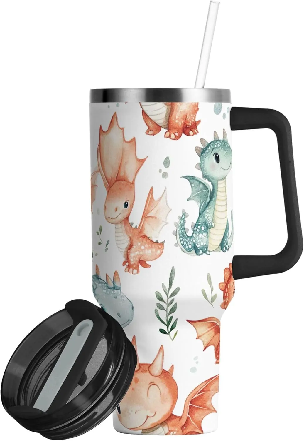 xigua 40 oz Adorable Baby Dragons Tumbler with Handle and Straw Lid, Stainless Steel Vacuum Insulated Sports Water Bottle, Keeps Cold or Hot Coffee Cup Travel Mug