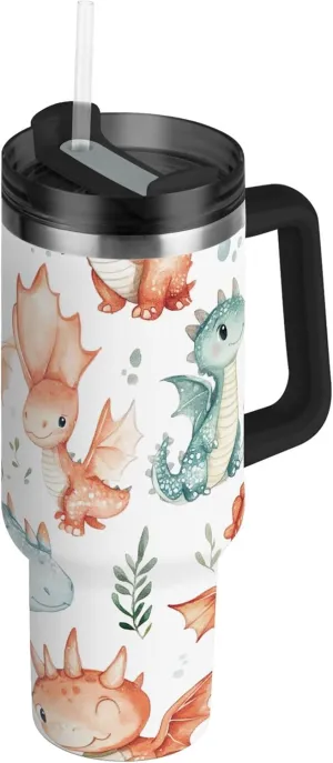 xigua 40 oz Adorable Baby Dragons Tumbler with Handle and Straw Lid, Stainless Steel Vacuum Insulated Sports Water Bottle, Keeps Cold or Hot Coffee Cup Travel Mug
