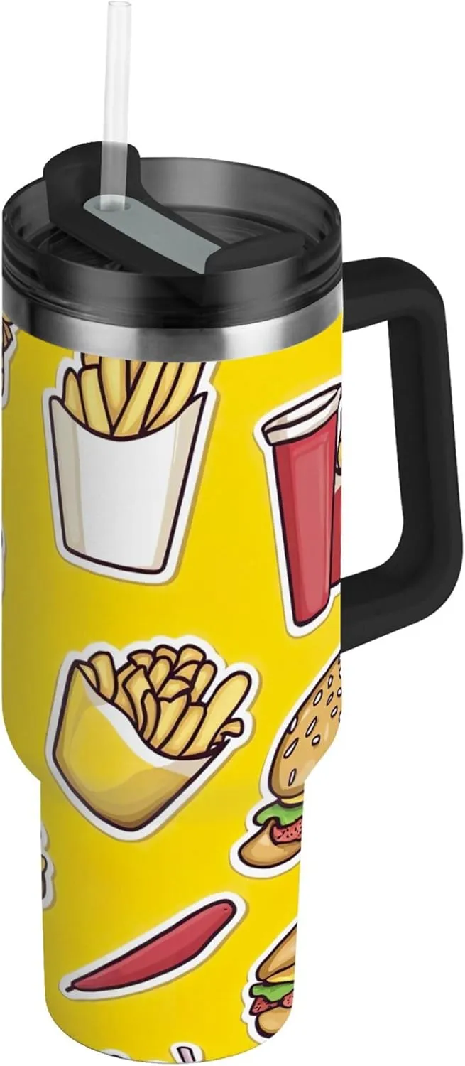 xigua 40 oz Cartoon Fast Food Tumbler with Handle and Straw Lid, Stainless Steel Vacuum Insulated Sports Water Bottle, Keeps Cold or Hot Coffee Cup Travel Mug