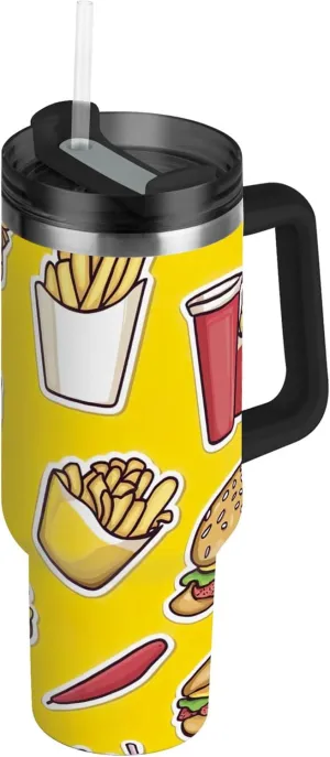 xigua 40 oz Cartoon Fast Food Tumbler with Handle and Straw Lid, Stainless Steel Vacuum Insulated Sports Water Bottle, Keeps Cold or Hot Coffee Cup Travel Mug