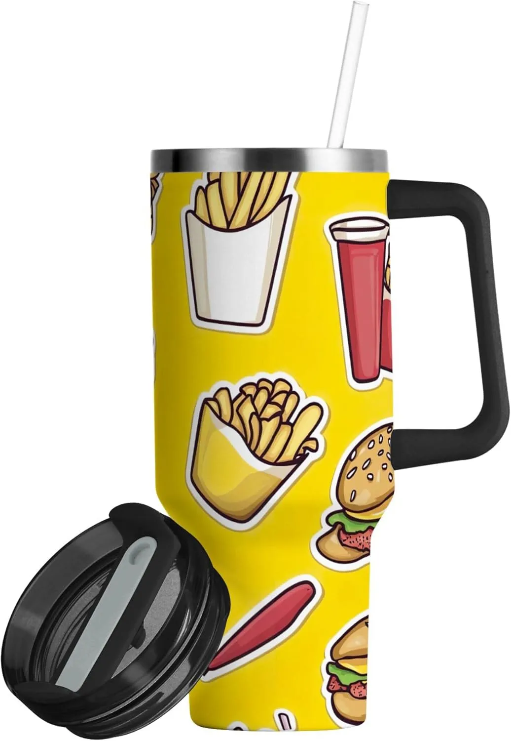 xigua 40 oz Cartoon Fast Food Tumbler with Handle and Straw Lid, Stainless Steel Vacuum Insulated Sports Water Bottle, Keeps Cold or Hot Coffee Cup Travel Mug
