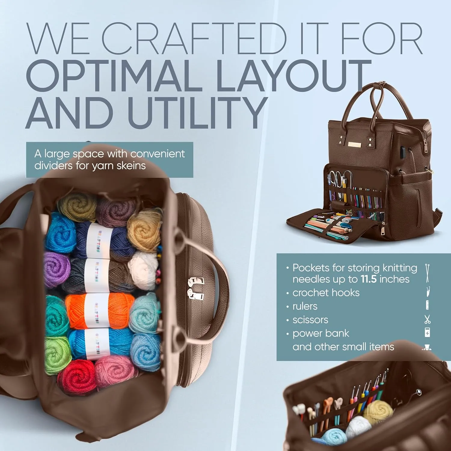 Yarn Storage Backpack for Knitting & Crochet on the Go - Mother's Day Gift - Faux Leather Craft Organizer Tote, Crochet Accessories Bag with USB Port & Tablet Pocket - Water-Resistant Crochet Yarn Bag