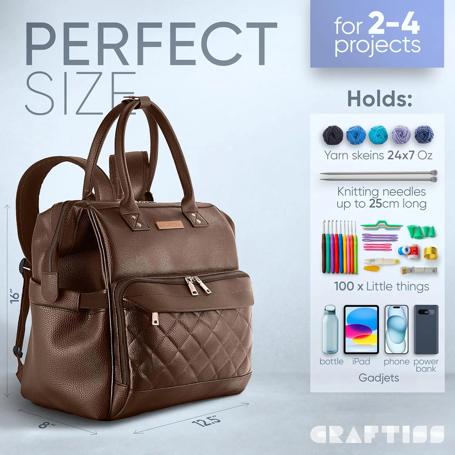 Yarn Storage Backpack for Knitting & Crochet on the Go - Mother's Day Gift - Faux Leather Craft Organizer Tote, Crochet Accessories Bag with USB Port & Tablet Pocket - Water-Resistant Crochet Yarn Bag