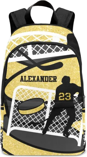 Yellow Ice Hockey Player Personalized Backpack for Teen Custom Travel Backpack for Boys Girs Bookbag Casual Bag Name Gift, Design 14, EU5566SS