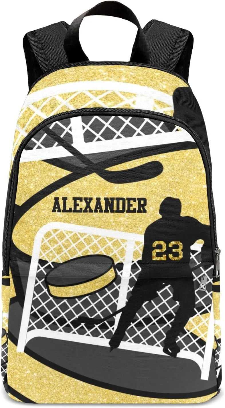 Yellow Ice Hockey Player Personalized Backpack for Teen Custom Travel Backpack for Boys Girs Bookbag Casual Bag Name Gift, Design 14, EU5566SS