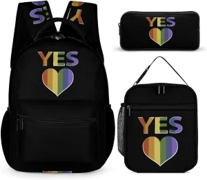 Yes Marriage Equality LGBTQ Backpack Set 3 Pieces Laptop Daypack Insulated Lunch Tote Bag Pencil Case for Work Travel