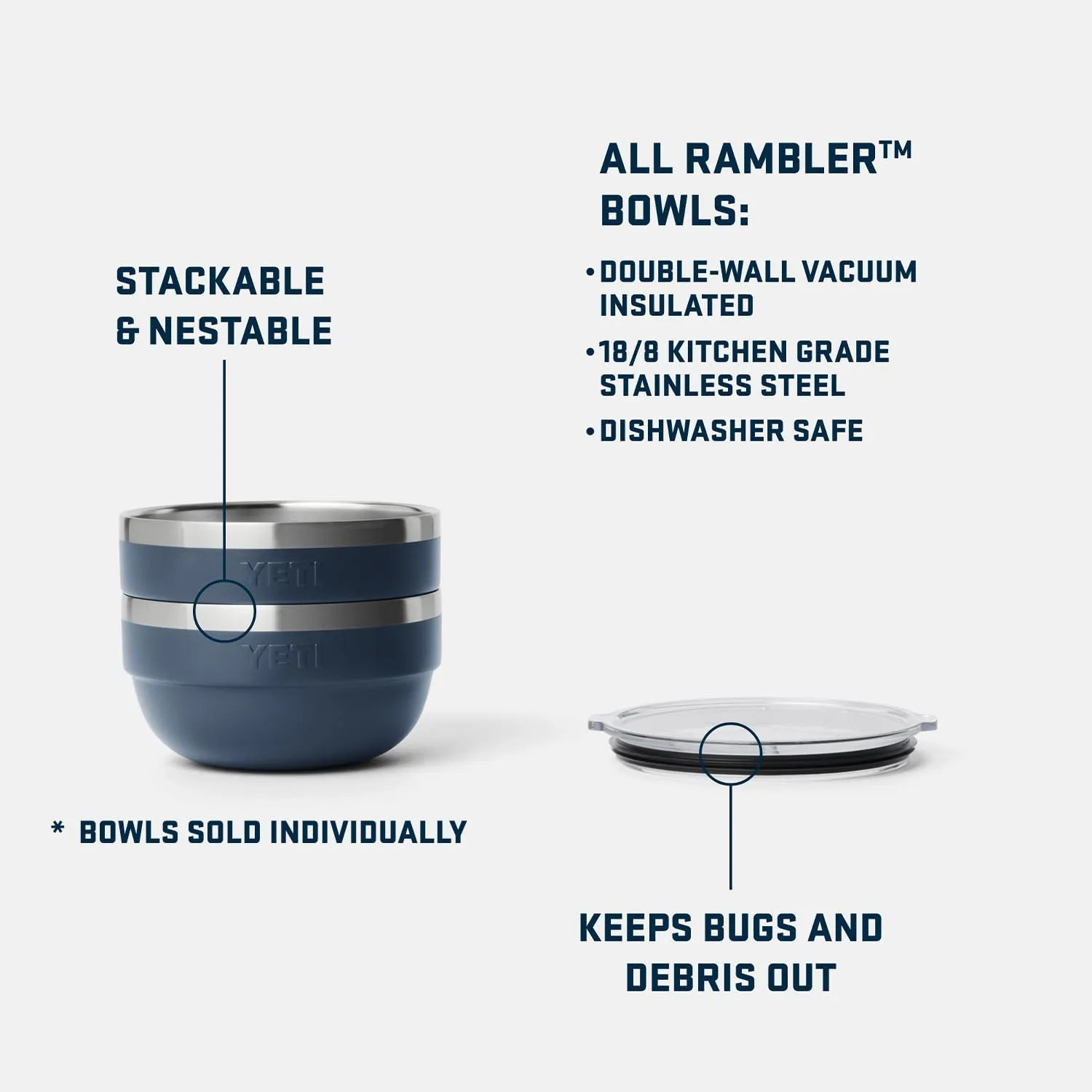 YETI Rambler Bowls, Vacuum Insulated, Stackable and Nestable Stainless Steel Bowl with Lid, 1 Quart, Navy