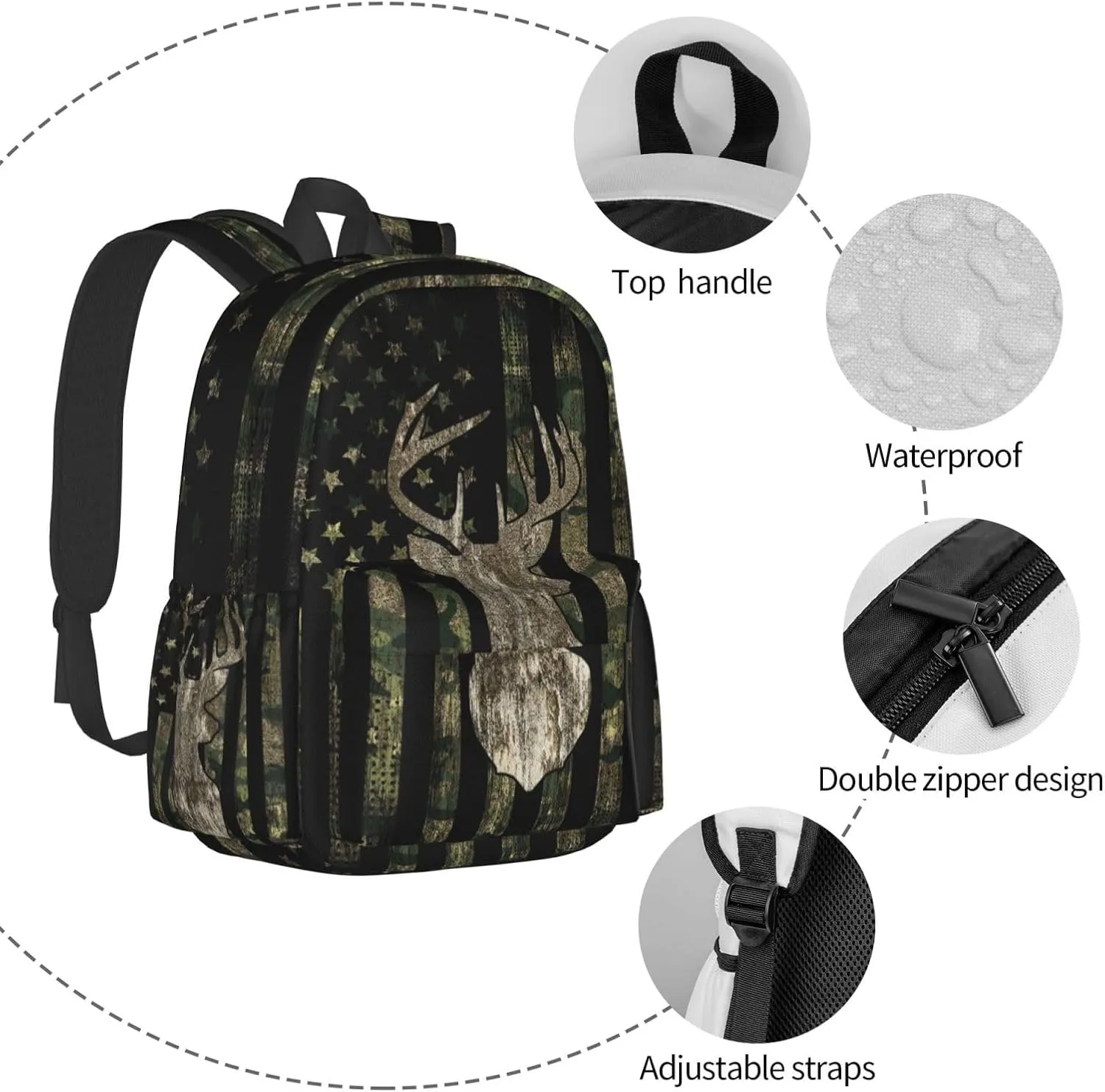 YETTA YANG camouflage Backpack Camo Retro Hunting Tactical Army American Flag Deer Laptop Travel Bag With Multiple Pockets Casual Hiking Gym Sport Women Men