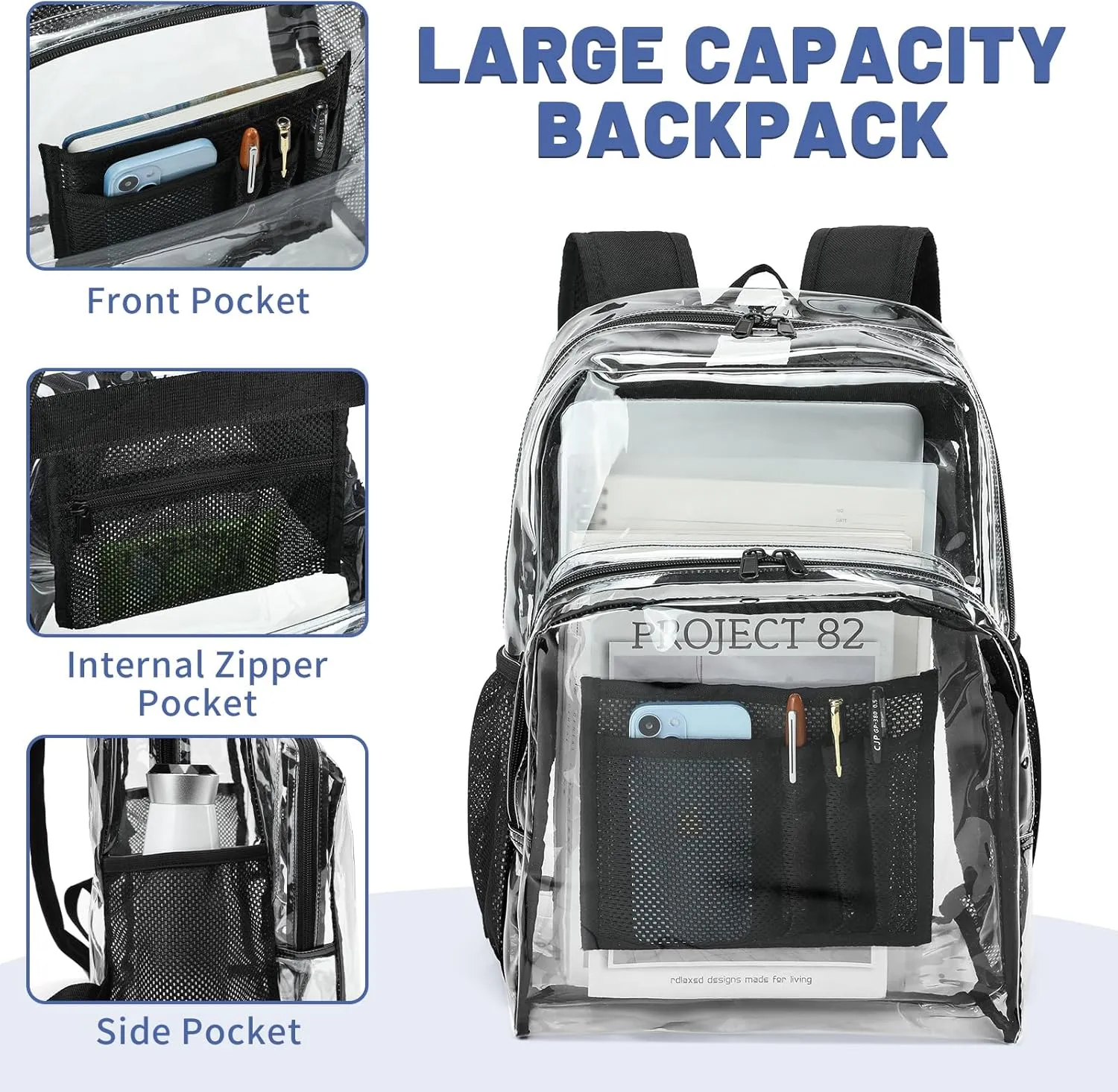 YGR Clear Backpack Heavy Duty PVC Transparent Backpack See Through Large Capacity Multiple Pockets Bookbag for Concert Work Security Travel Festival Black