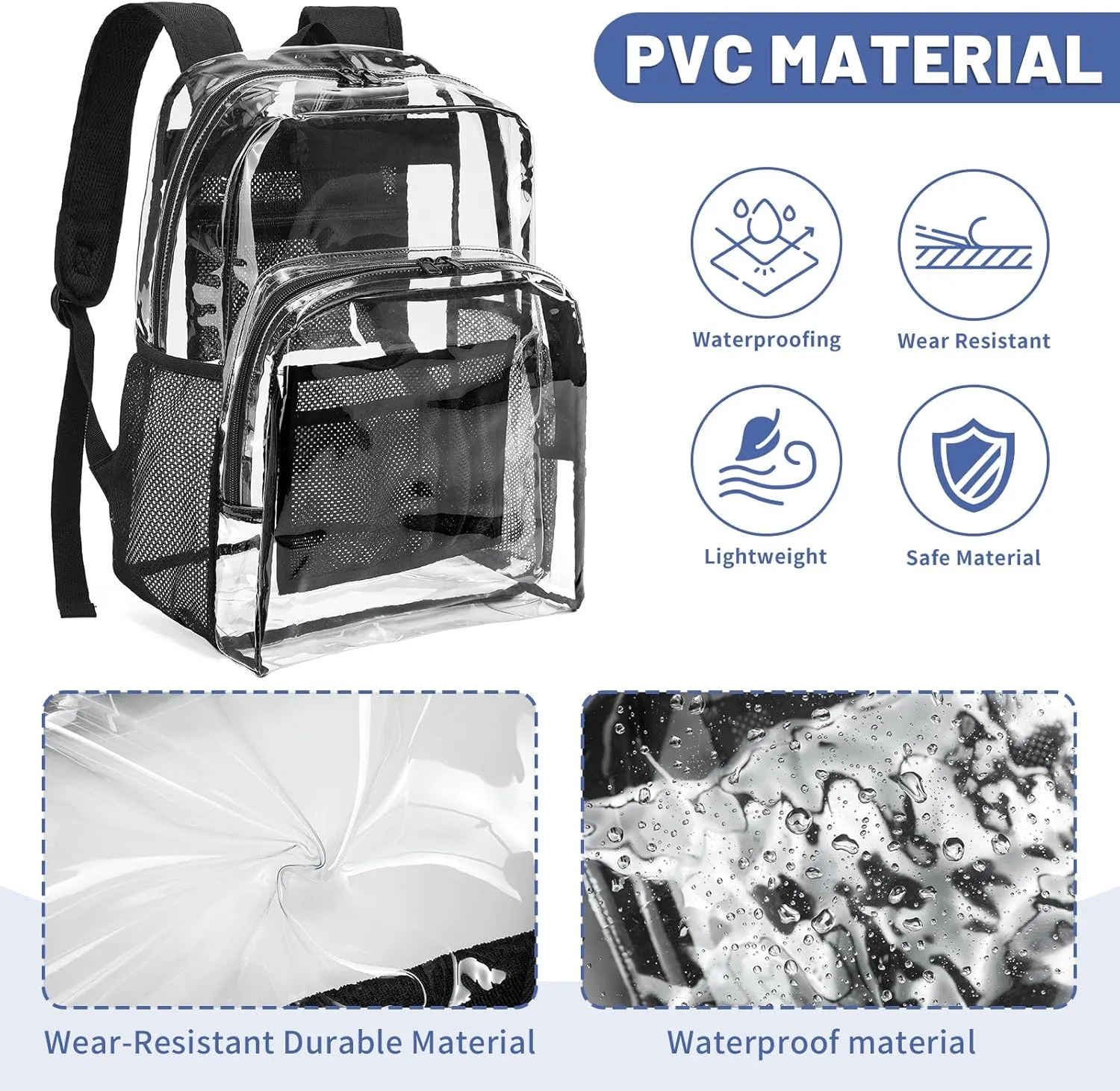 YGR Clear Backpack Heavy Duty PVC Transparent Backpack See Through Large Capacity Multiple Pockets Bookbag for Concert Work Security Travel Festival Black