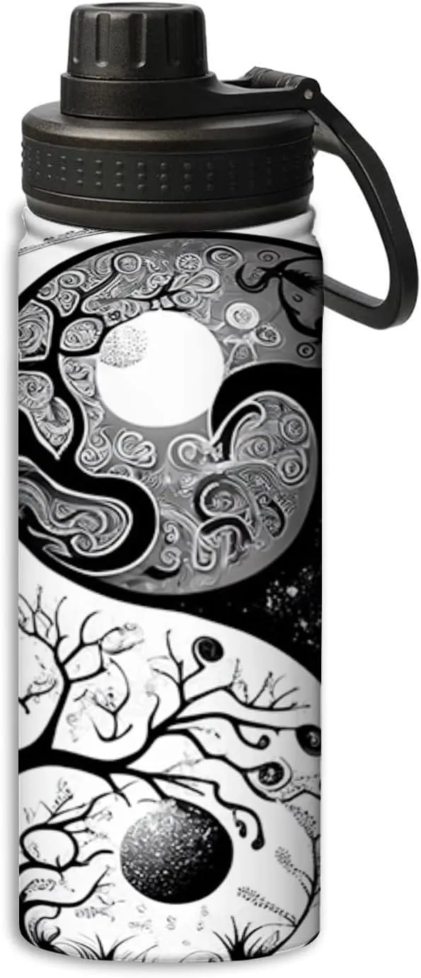 Yin And Yang Ornament On Background pattern Sports Leak Proof Water Bottle 18 oz, Insulated Water Bottles for Bicycles,Fitness,Yoga,Hiking etc.Black And White