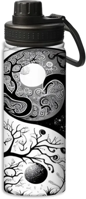Yin And Yang Ornament On Background pattern Sports Leak Proof Water Bottle 18 oz, Insulated Water Bottles for Bicycles,Fitness,Yoga,Hiking etc.Black And White