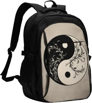 Ying Yang Diagram Printed Backpack,Travel Laptop Backpack for Men Women with USB Charger Port