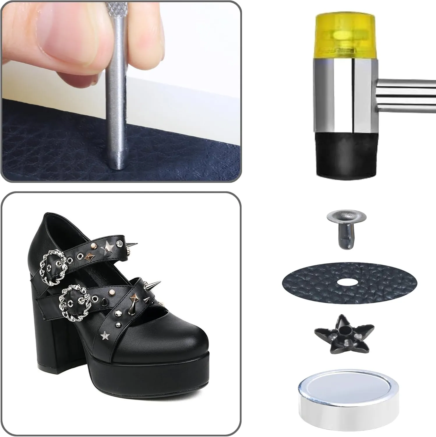 YORANYO 200 Sets Leather Rivets Kit Mixed Sizes - Star Studs for Clothing Fabric - Gunmetal Rivets With Crafting Tool for Repair Decorate Jackets Shoes Bags Belts Purse